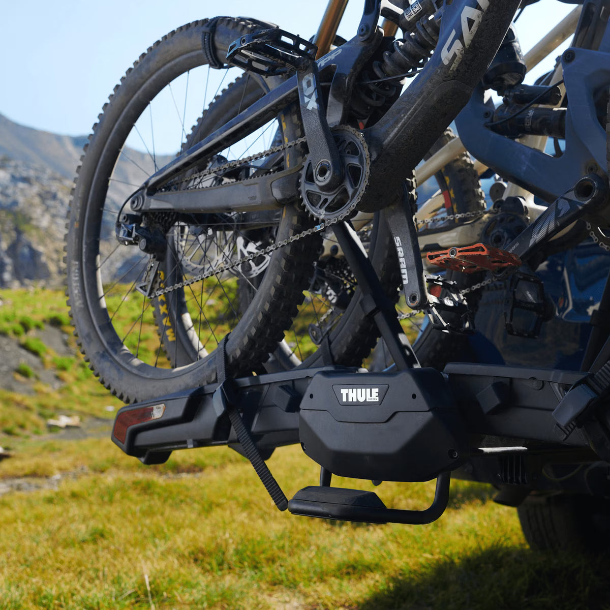 Thule Epos bike rack by Backcountry Sportsman mounted on a vehicle, showcasing its sturdy design for secure bike transport.