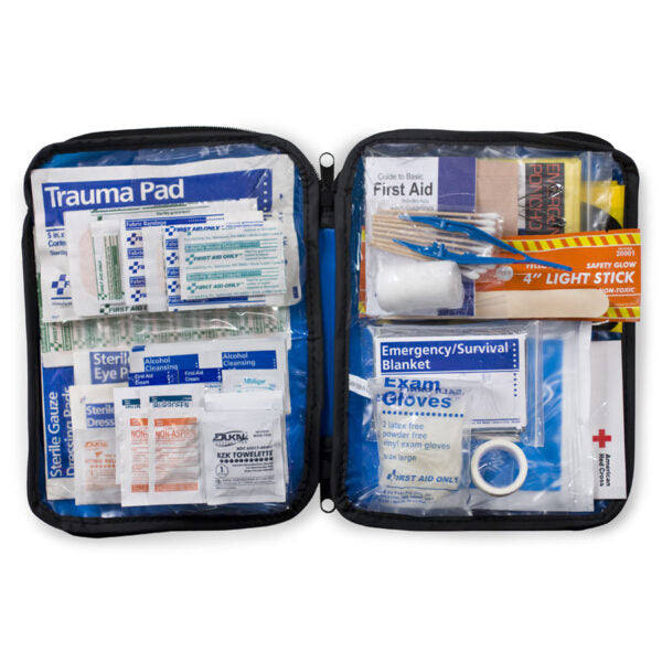 Soft-sided Quakekits 143-piece auto first aid kit with emergency supplies in a clam shell container.