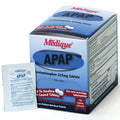Box of APAP 150 tablets from QuakeKits, pain relief medicine in a white box with blue and red labeling.