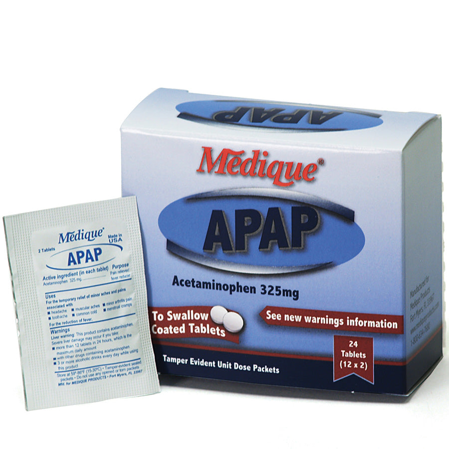 Box of 24 APAP medicine and topicals in packaging, from Quakekits.com, showcasing the product for pain relief.