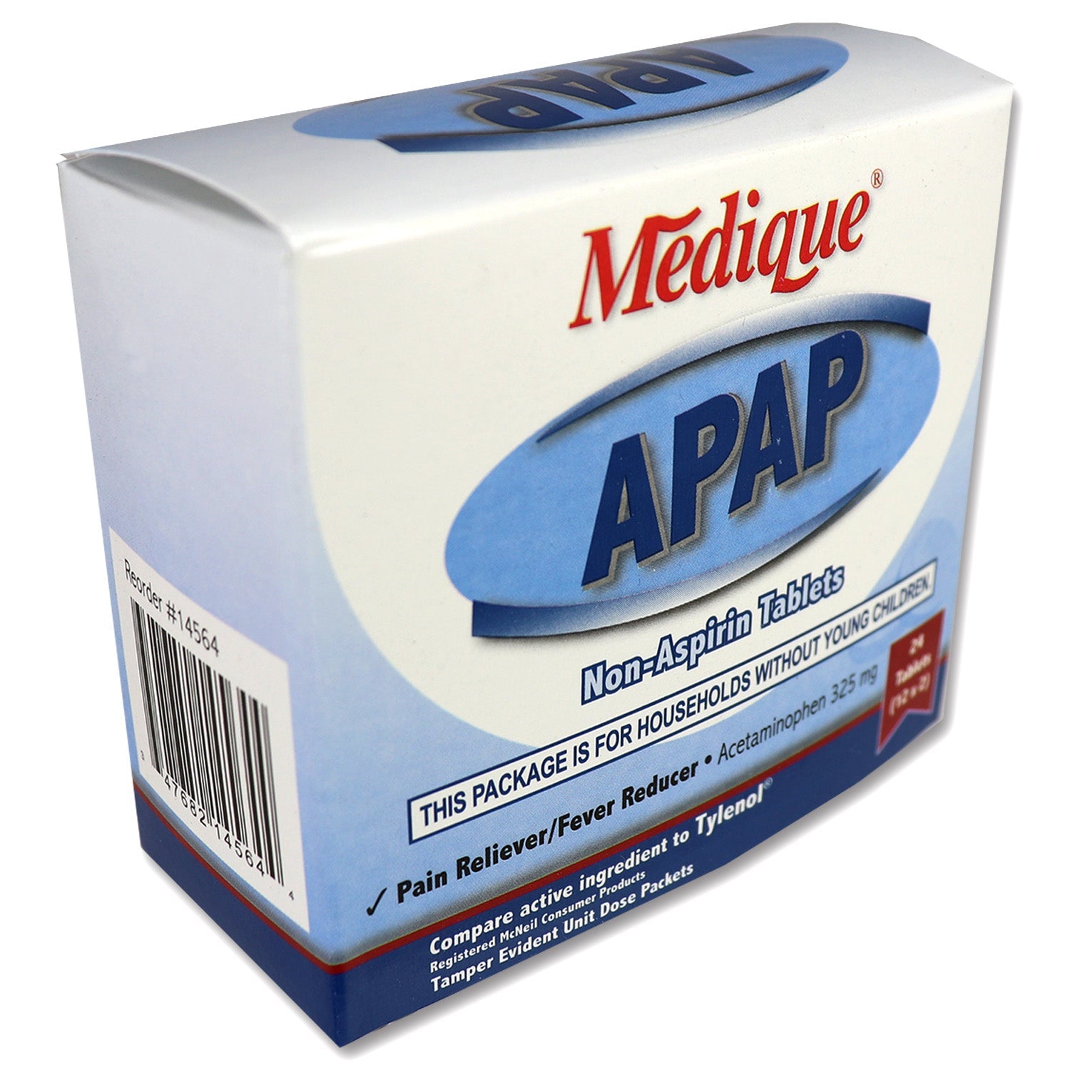 Box of 24 APAP medicine tablets from QuakeKits, showing blister packs with white capsules for pain relief.
