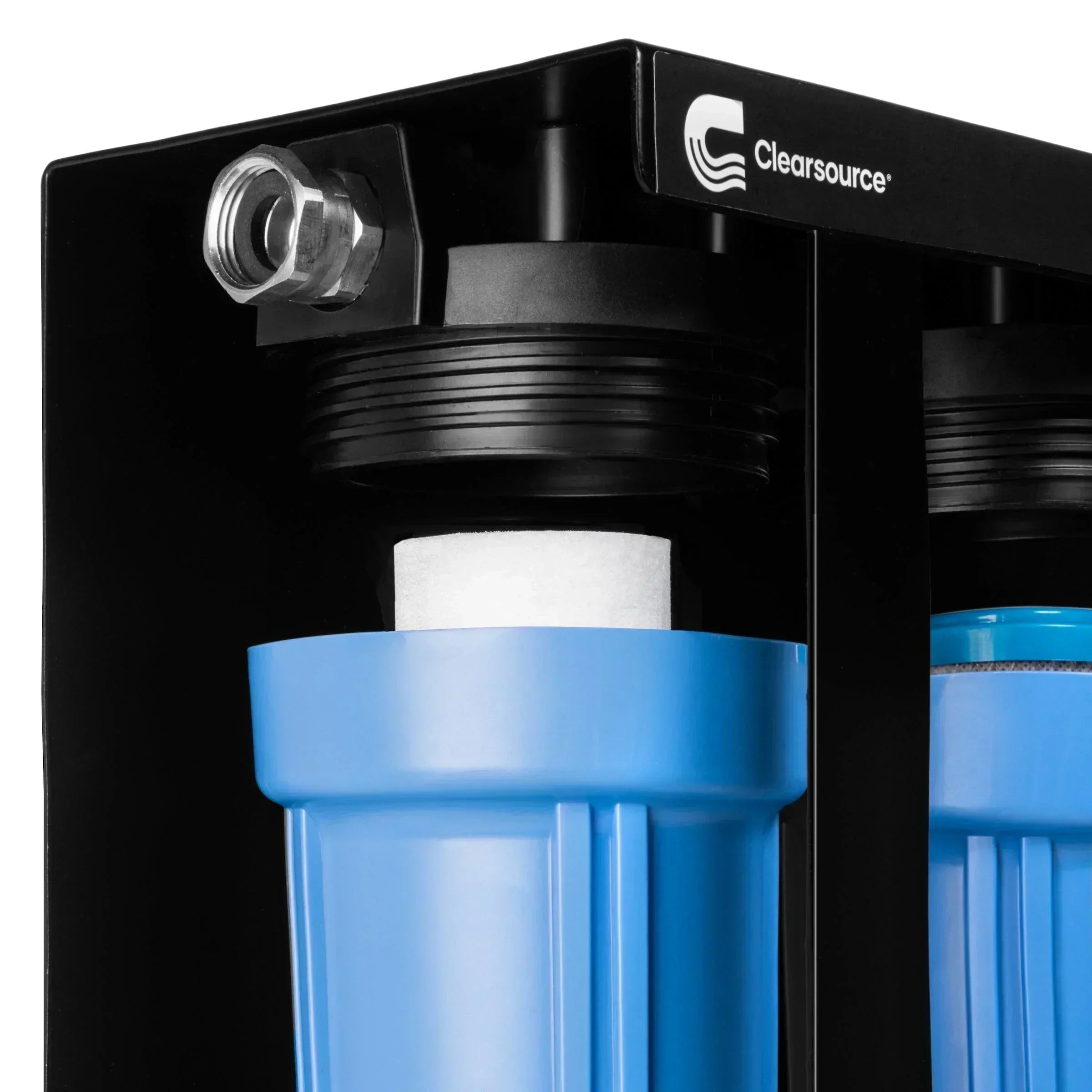 Green Vista Living Clearsource Ultra RV Water Filter System showing the compact filter unit and water connection components.