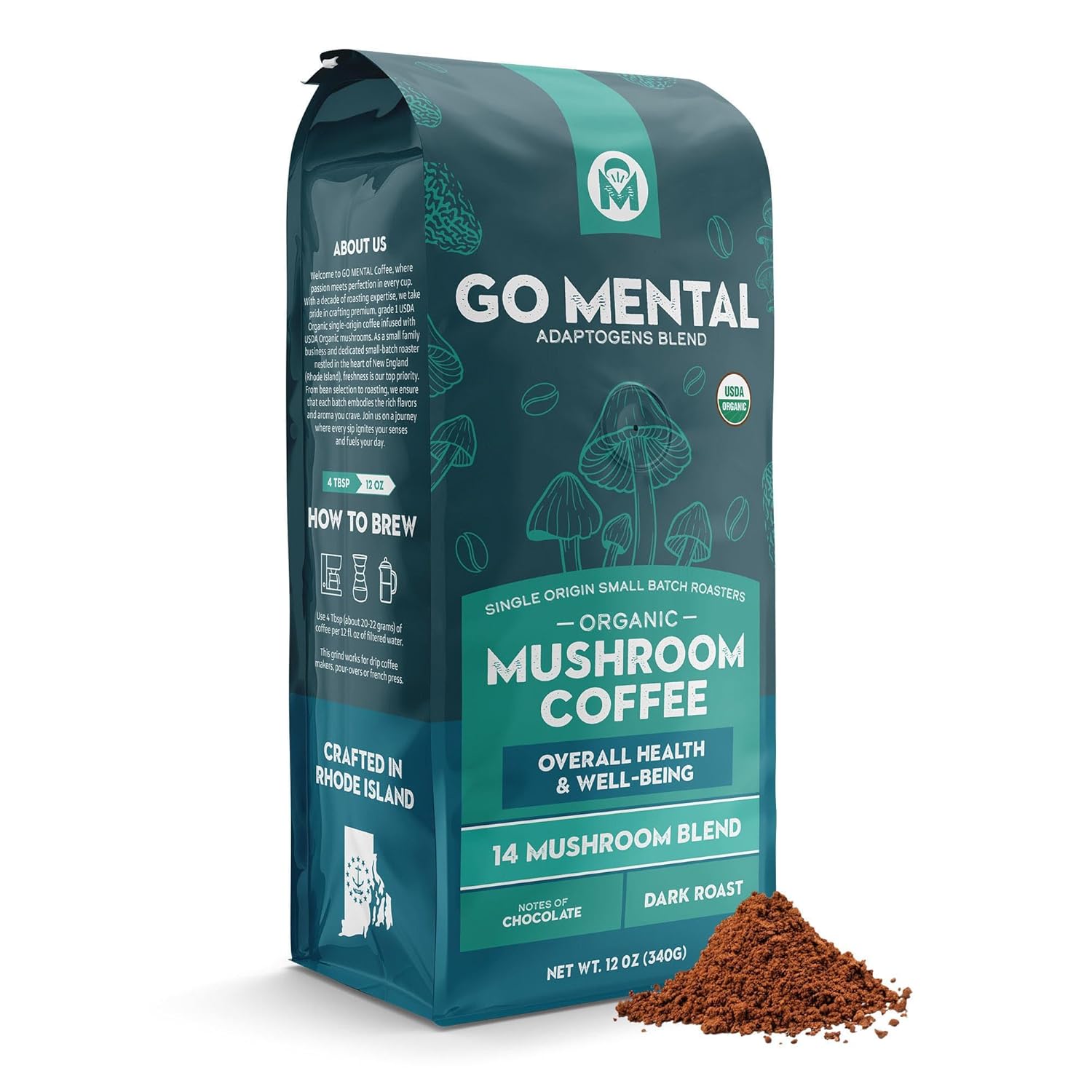 14 Mushroom Coffee Adaptogens Blend by GO MENTAL MUSHROOM COFFEE in a resealable bag with a label showing mushroom illustrations.