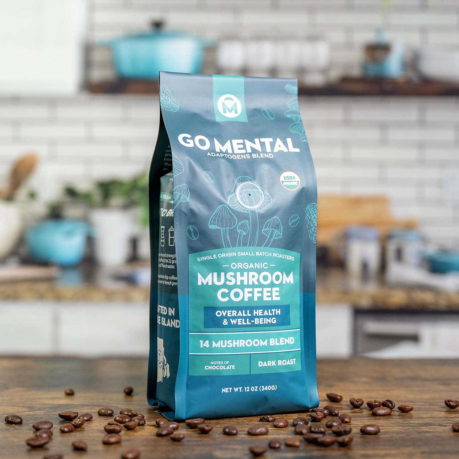 14 Mushroom Coffee Adaptogens Blend by GO MENTAL MUSHROOM COFFEE, featuring a jar of coffee with mushroom ingredients and natural packaging.