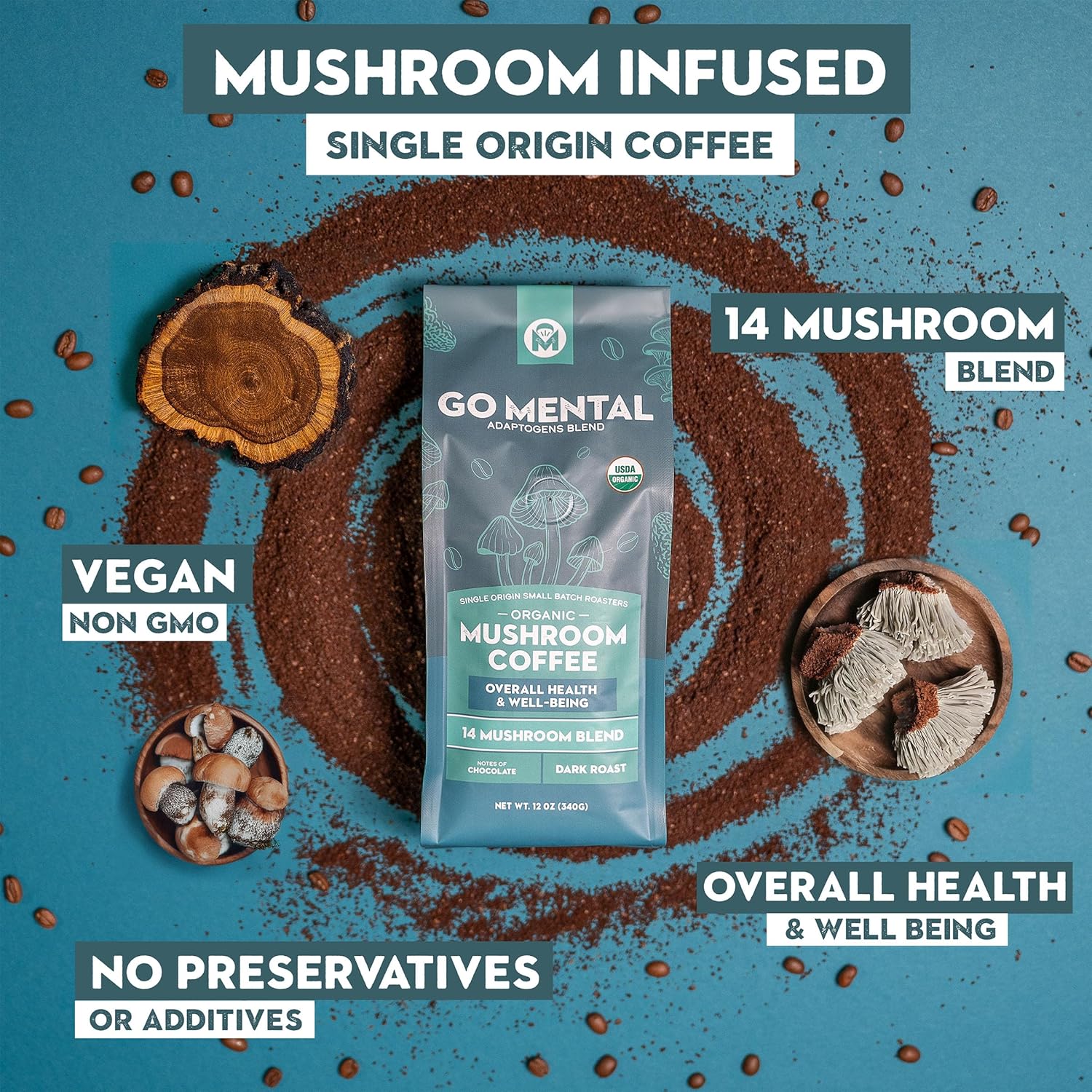 14 Mushroom Coffee Adaptogens Blend by GO MENTAL MUSHROOM COFFEE, featuring a jar of mushroom coffee mix with fresh mushrooms and herbs.