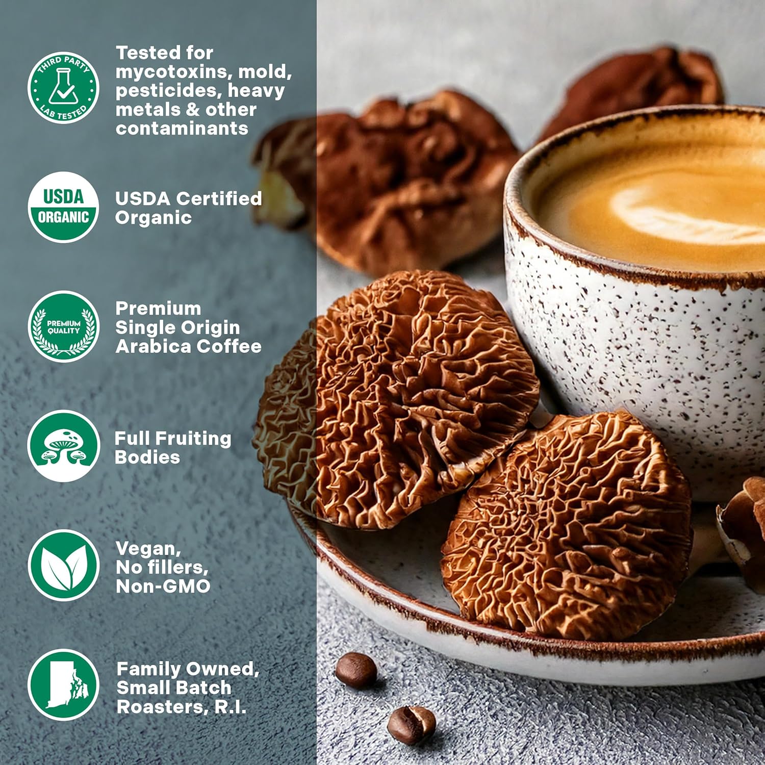 Decaffeinated Red Reishi and Chaga mushroom coffee adaptogen blend in a mug with mushrooms and coffee beans, by GO MENTAL MUSHROOM COFFEE.