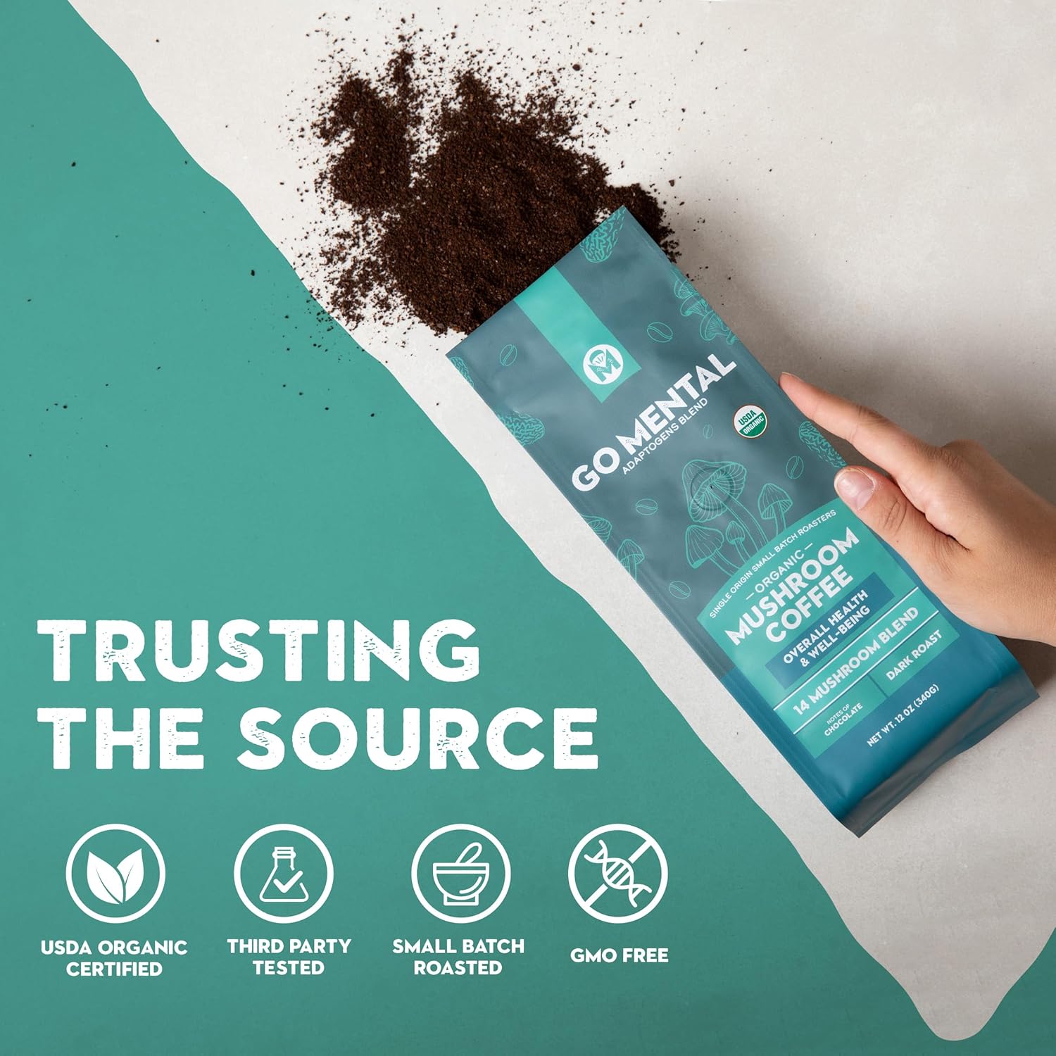 Bowl of 14 Mushroom Coffee Adaptogens Blend by GO MENTAL MUSHROOM COFFEE showing various dried mushroom slices and coffee ingredients.