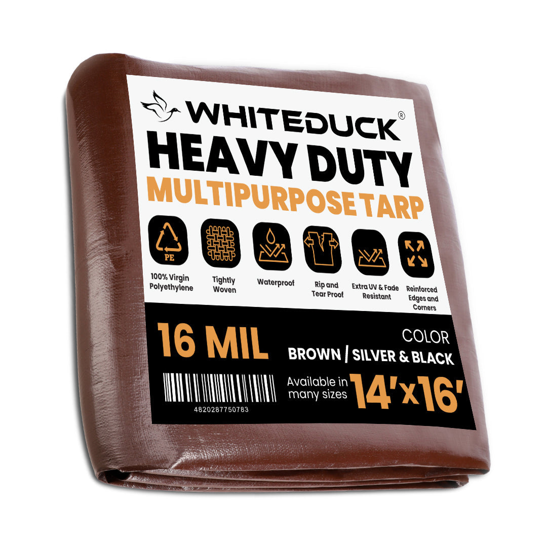 White Duck Outdoors 14x16 heavy-duty poly tarp, 16 mil thickness, durable waterproof cover with reinforced edges.