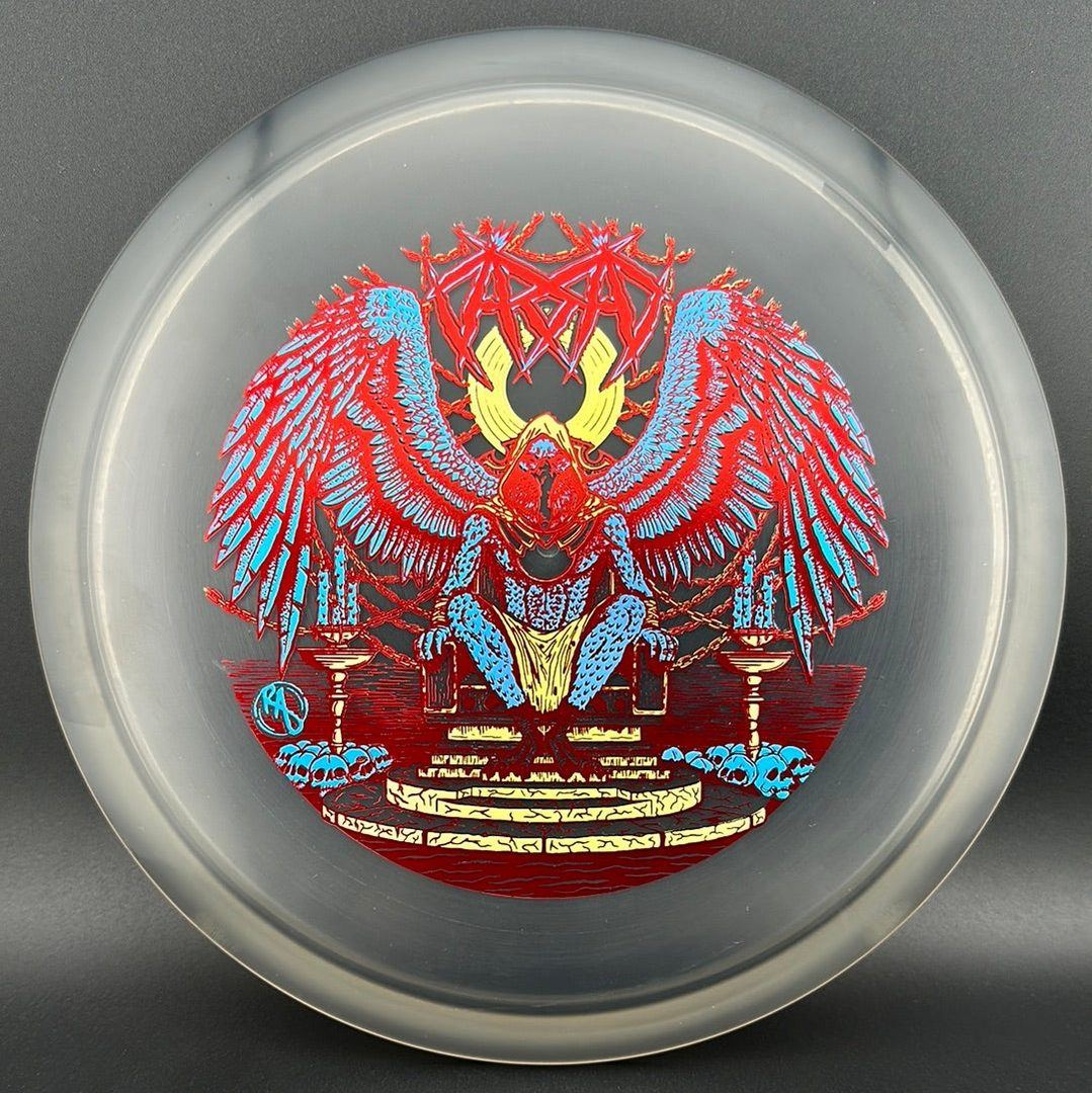 CryZtal Buzzz disc golf disc by Rare Air Discs featuring Karudi the Overseer from Cult of RAD, with colorful, detailed artwork.
