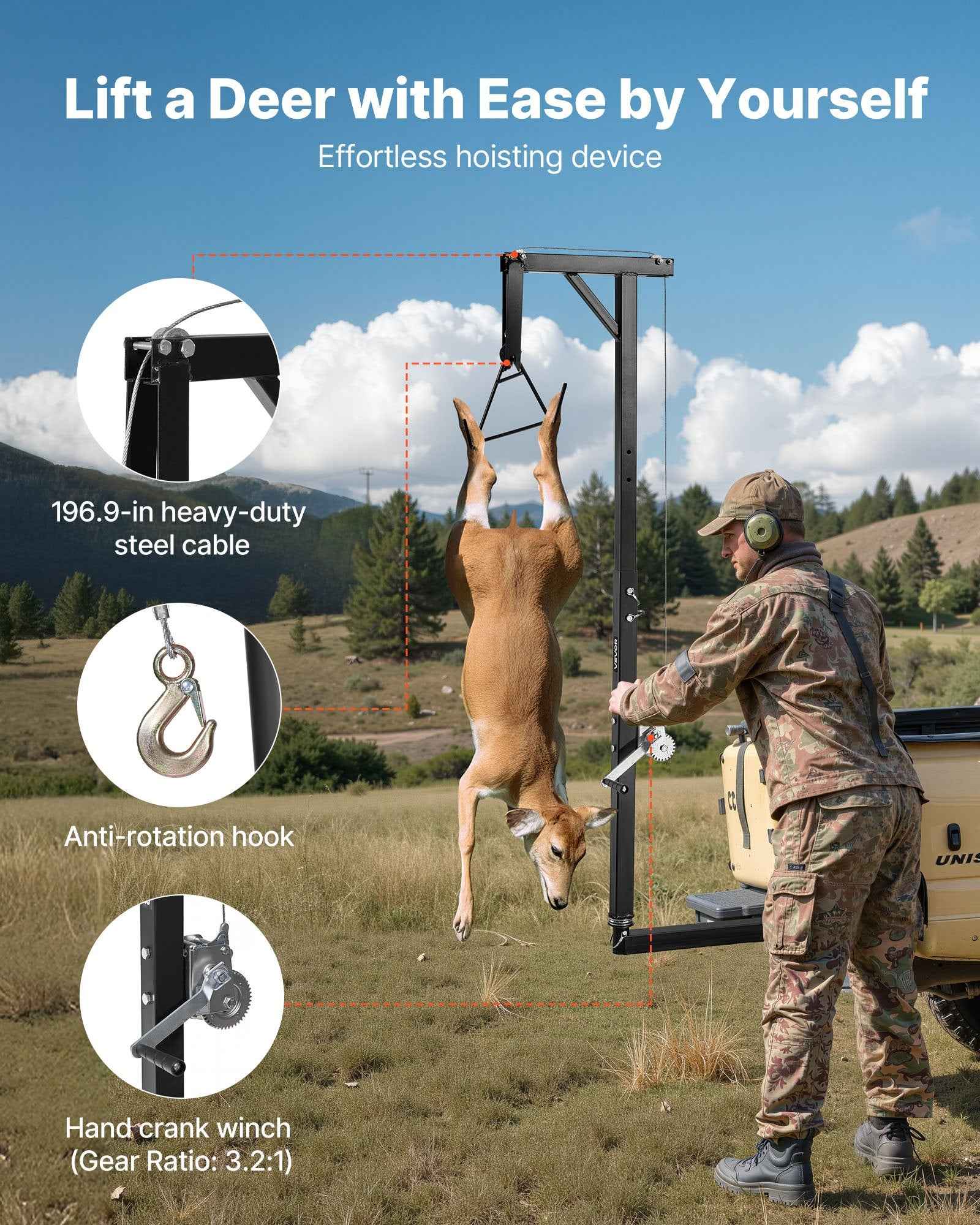 Truck Hitch Game Hoist, 300 Lbs Load Capacity, Hunting Deer Hoist With 2-inch Receiver, 360-Degree Swivel Shaft & Adjustable Height, Includes Gambrel Winch For Skinning & Cleaning Game - OVERLANDERS Outfitter