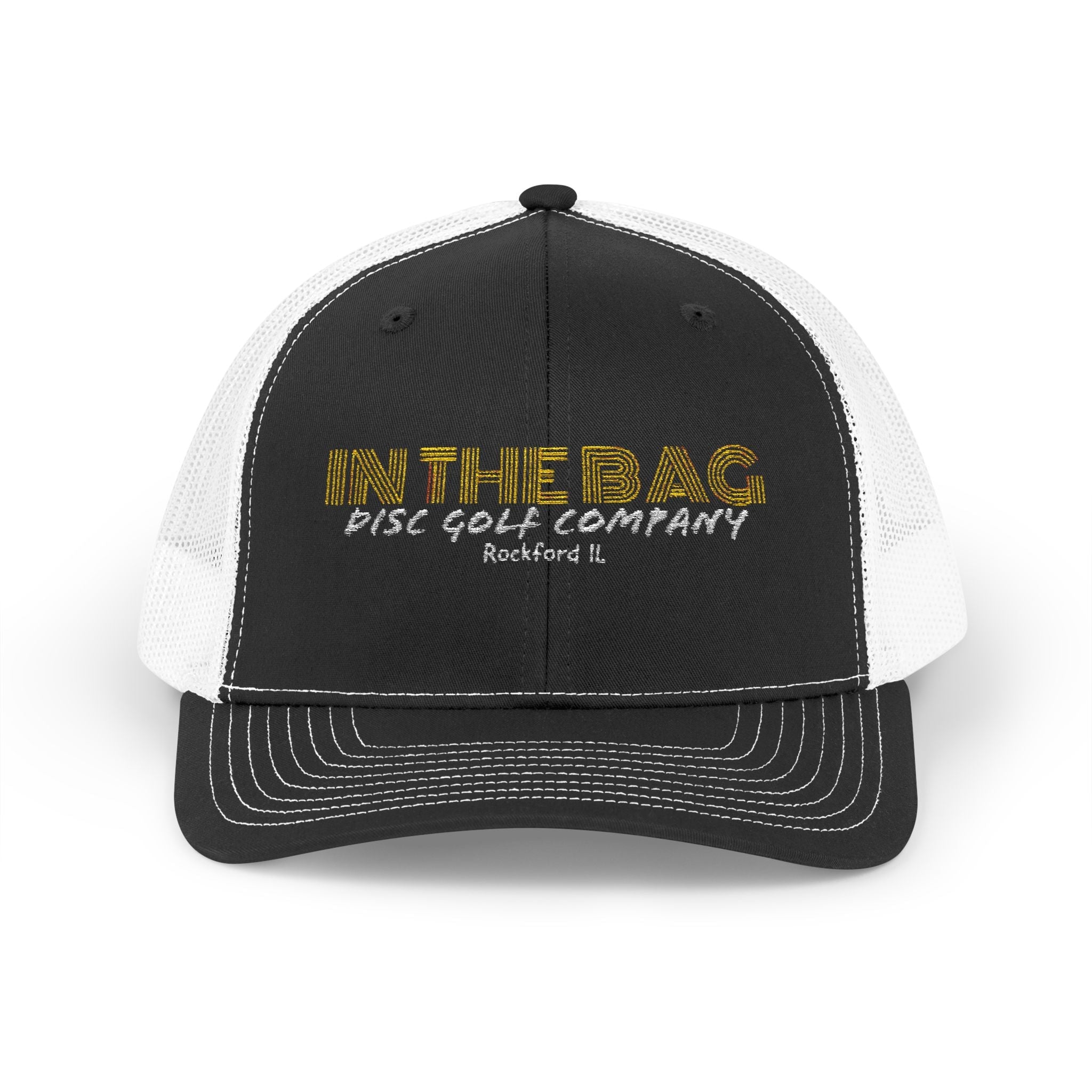In The Bag Disc Golf Company trucker cap with mesh back and logo front, casual hat for disc golf enthusiasts.