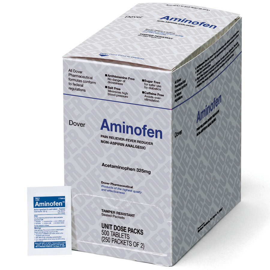 Aminofen Acetaminophen 325mg tablets in a box, designed for pain relief and fever reduction.