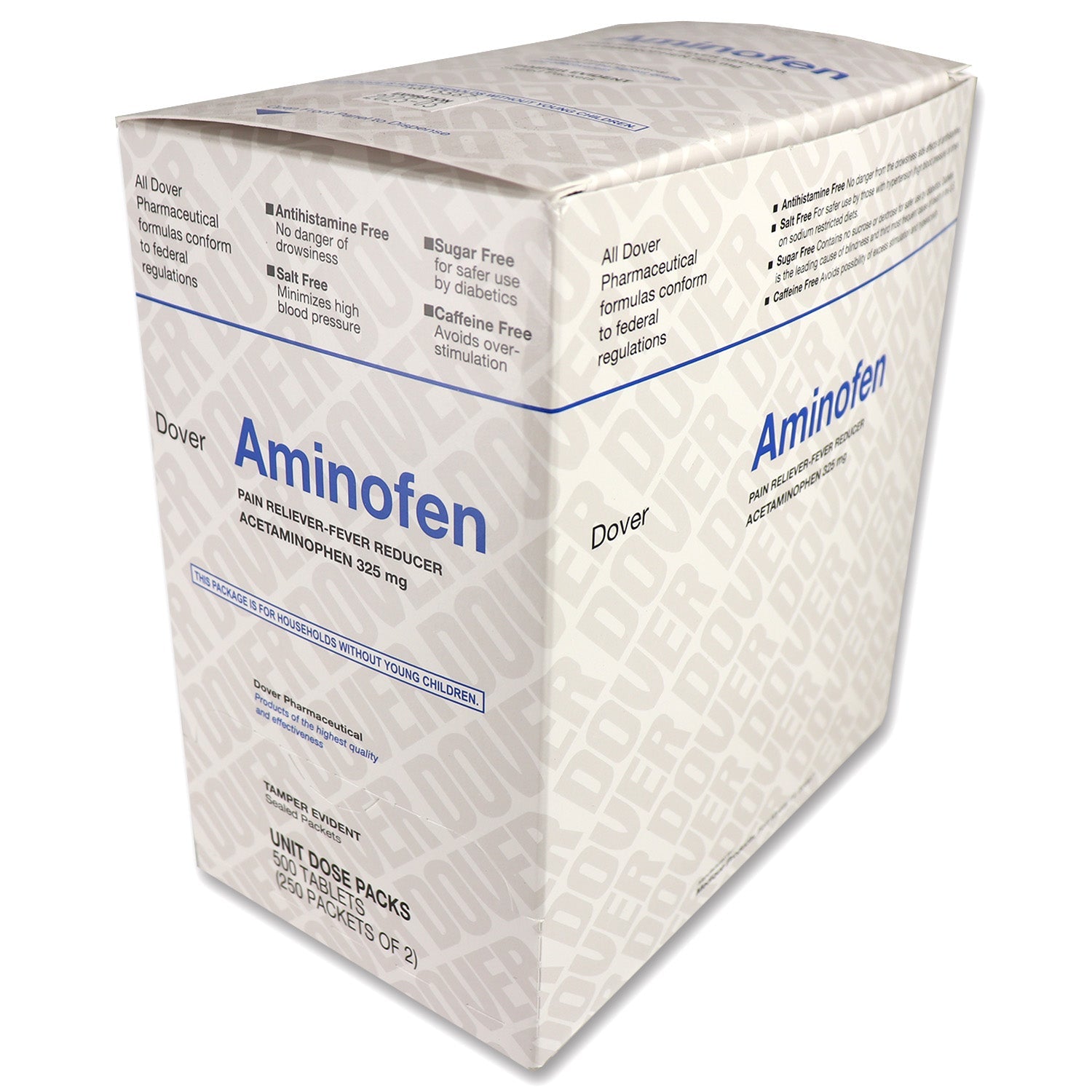 Aminofen Acetaminophen 325mg tablets in a box, ideal for pain relief and fever reduction.