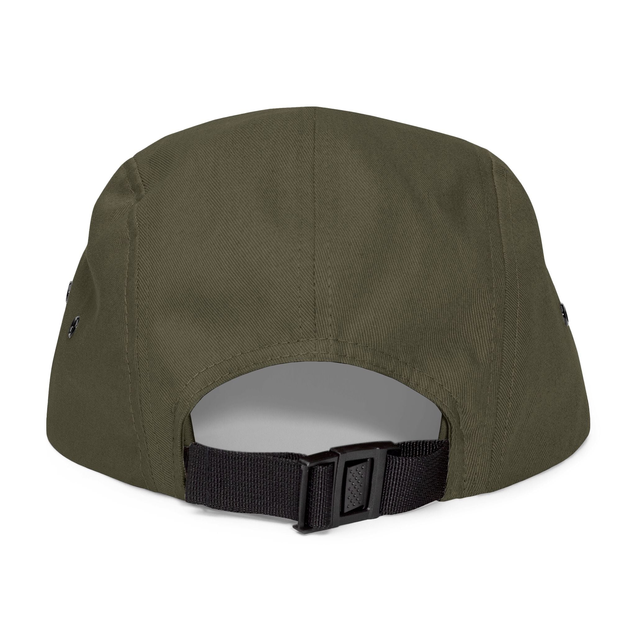 Embroidered 5-panel cap from In The Bag Disc Golf Company featuring a stylish design and adjustable strap.