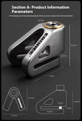 Bean's Moto Booth EROADE™ motorcycle disc brake lock secured on motorcycle brake rotor for theft prevention.