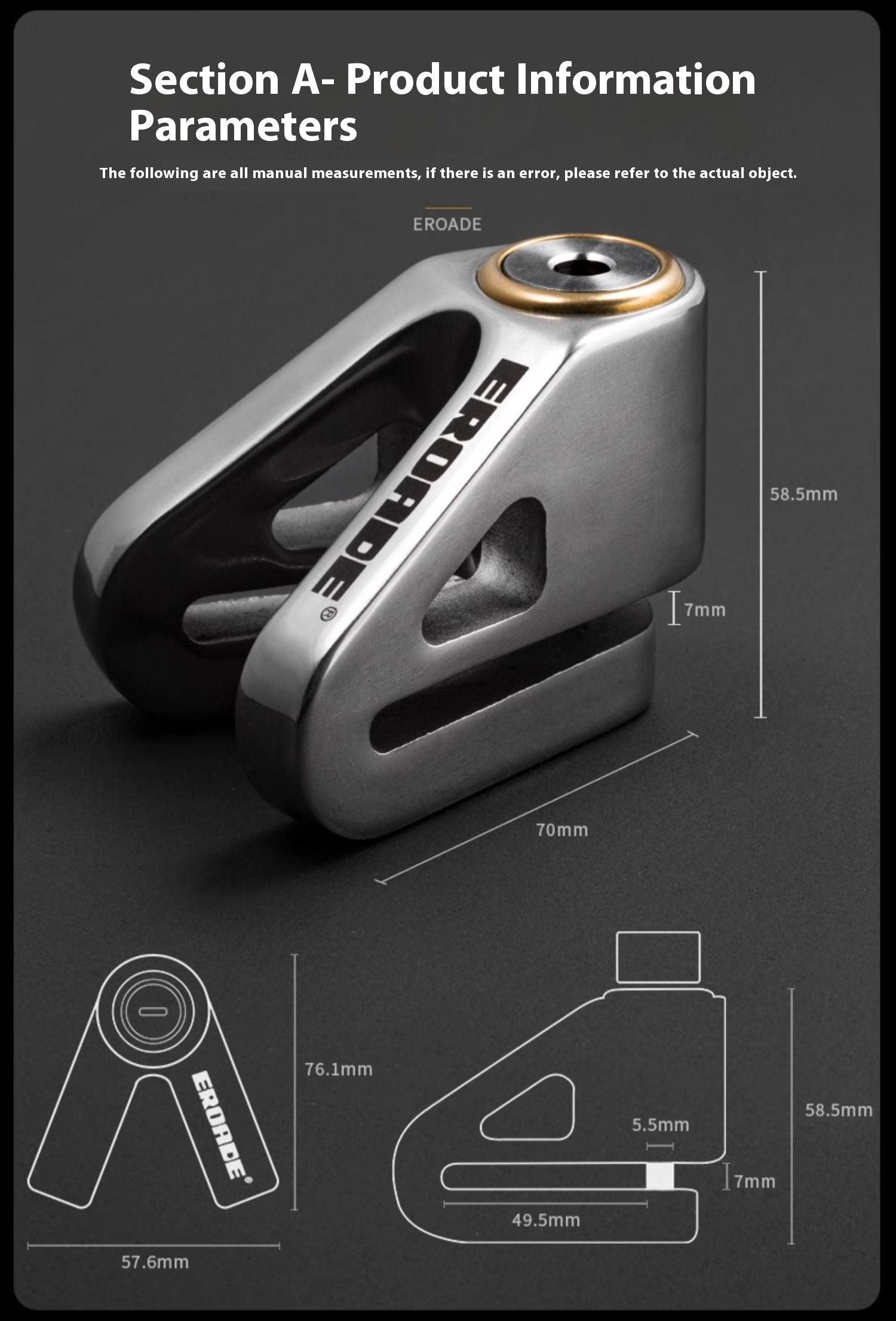Bean's Moto Booth EROADE™ motorcycle disc brake lock secured on motorcycle brake rotor for theft prevention.