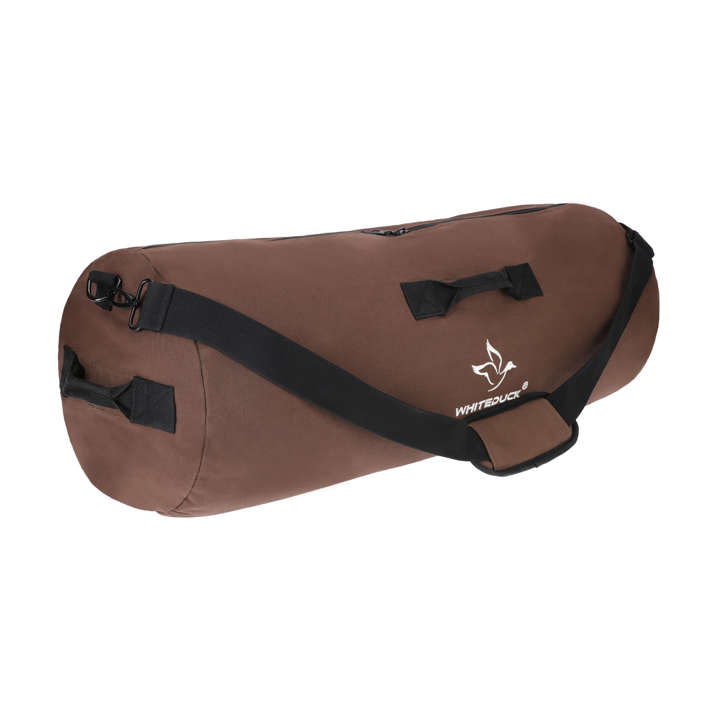 White Duck Outdoors Hoplite Canvas Duffel Bag shown with sturdy handles and spacious interior for travel or outdoor use.