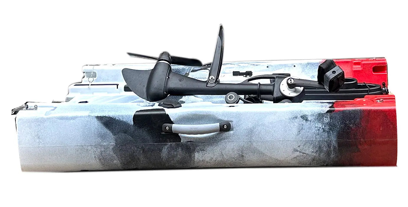 ReelYaks modular kayak middle expansion section for converting a solo kayak to tandem, shown in gray with mounting points.
