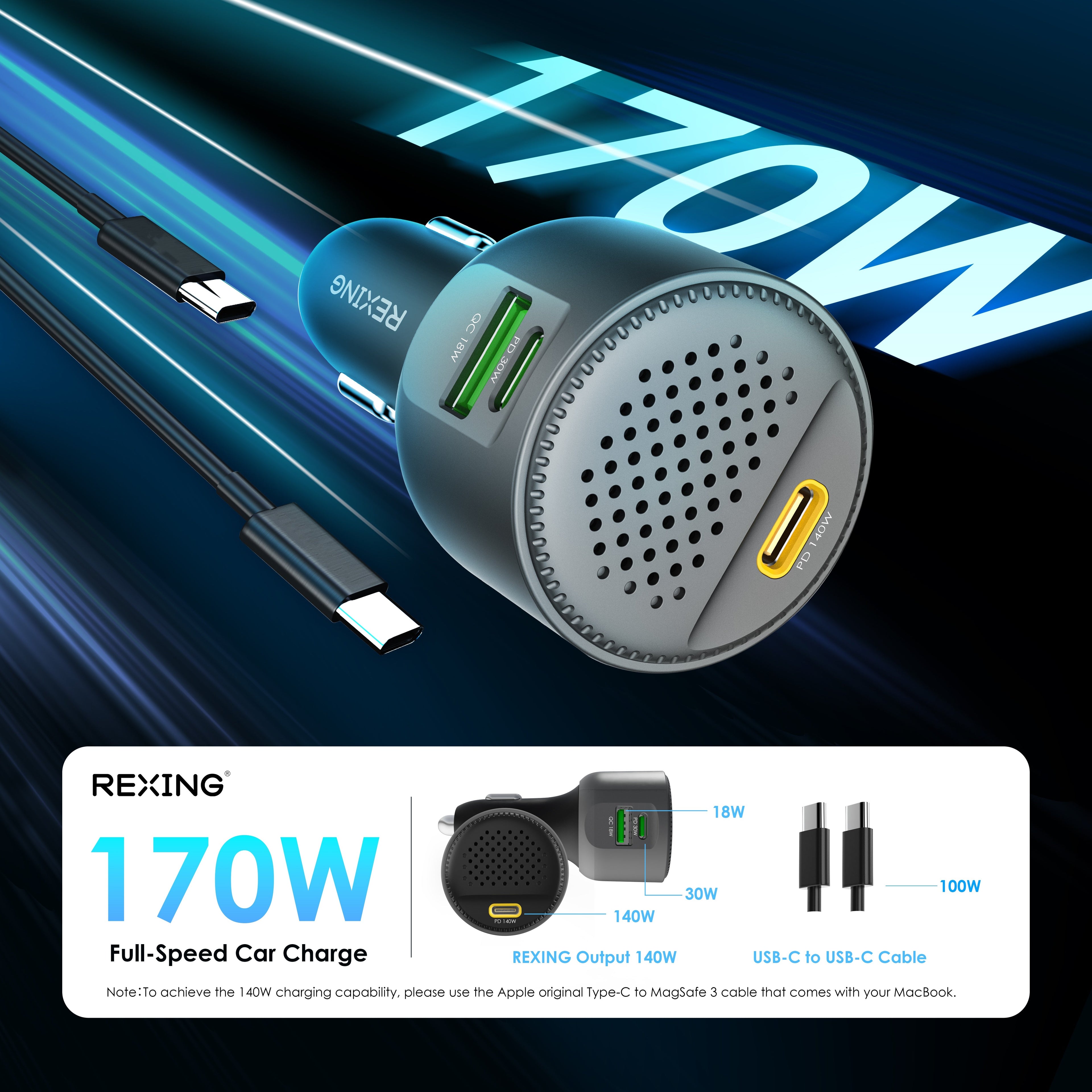 Rexing 170W 3-Port USB C car charger with cables, showcasing USB-C PD and Quick Charge ports in a sleek design.
