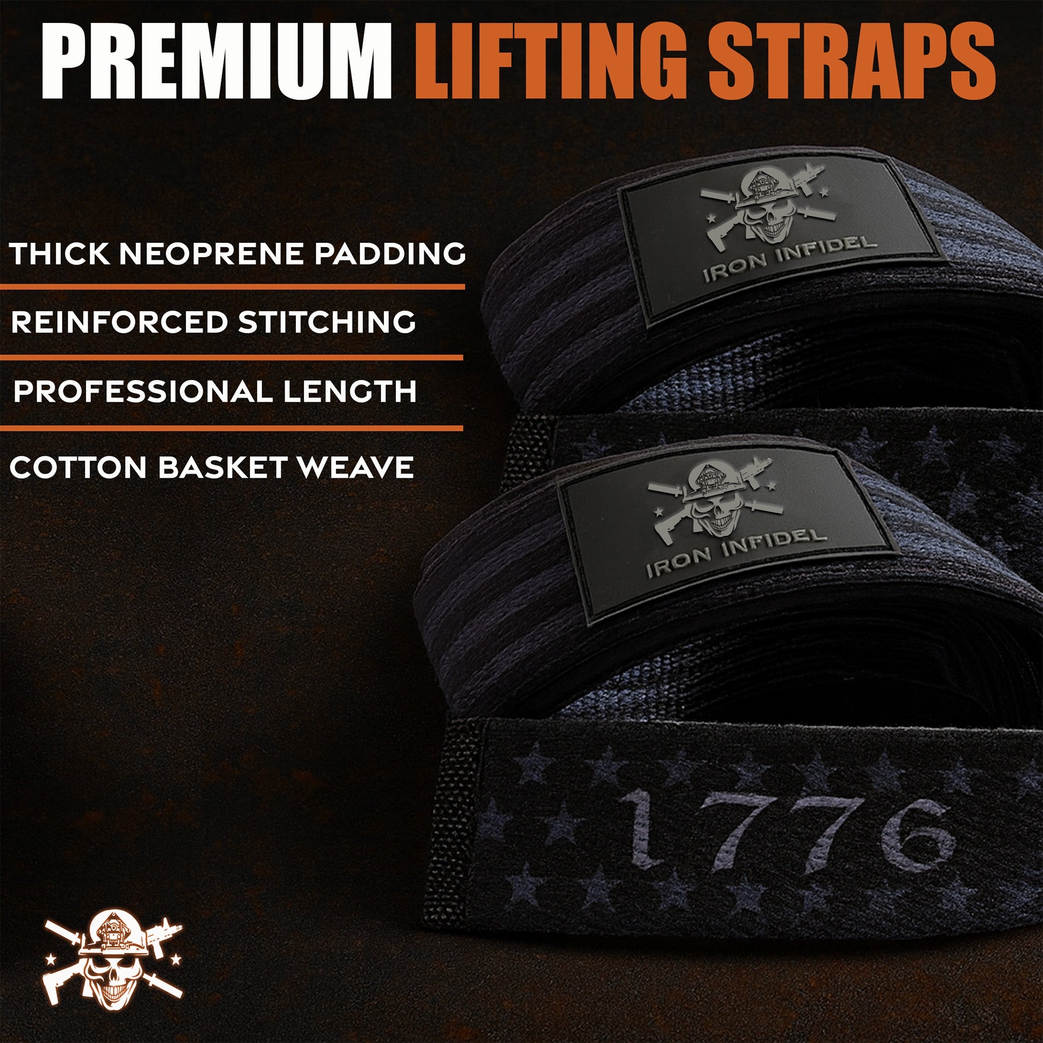 Pair of Iron Infidel lifting straps used for weightlifting and strength training, with padded wrists and durable fabric.