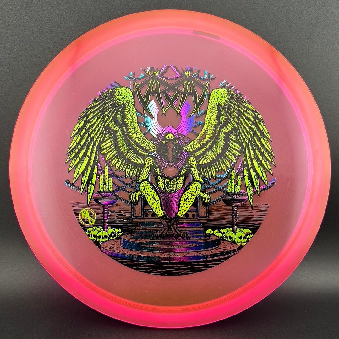 CryZtal Buzzz disc golf disc by Rare Air Discs featuring Karudi the Overseer design on a clear, vibrant plastic.