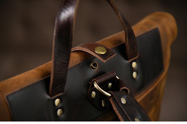 Filed Leather™ Vintage Roll-Top Crazy Horse Cowhide Leather Backpack for motorcycle bags, featuring rugged leather and classic design.