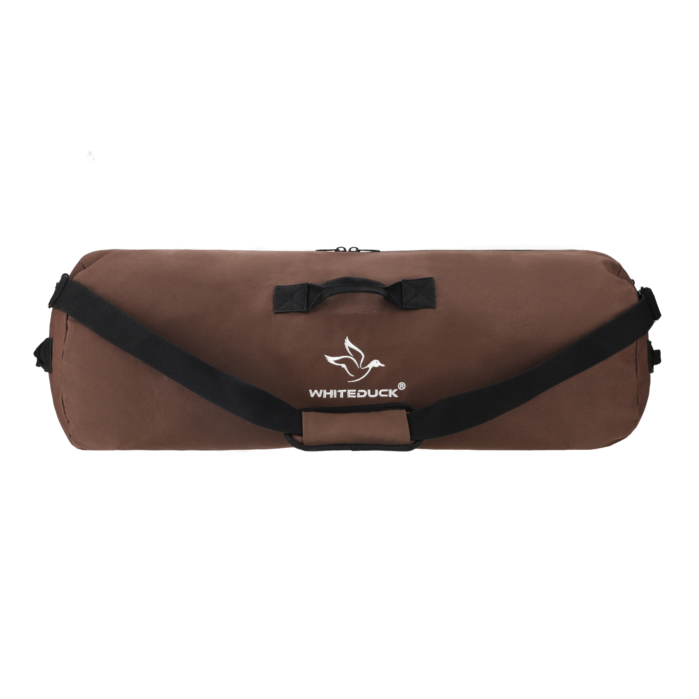 White Duck Outdoors Hoplite Canvas Duffel Bag shown with sturdy handles and spacious main compartment for travel or gym use.