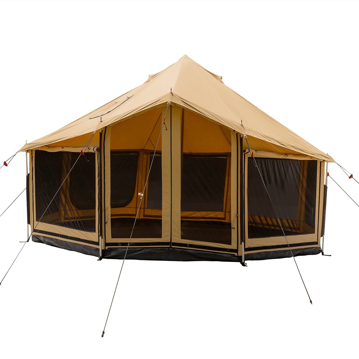 White Duck Outdoors Altimus Bell Tent with open flaps showing its spacious interior and durable fabric for outdoor camping.