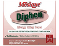 Diphen allergy medicine box with 24 capsules, showcasing the packaging and brand logo from quakekits.com.