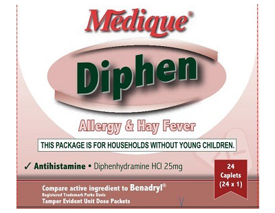 Diphen allergy medicine box with 24 capsules, showcasing the packaging and brand logo from quakekits.com.
