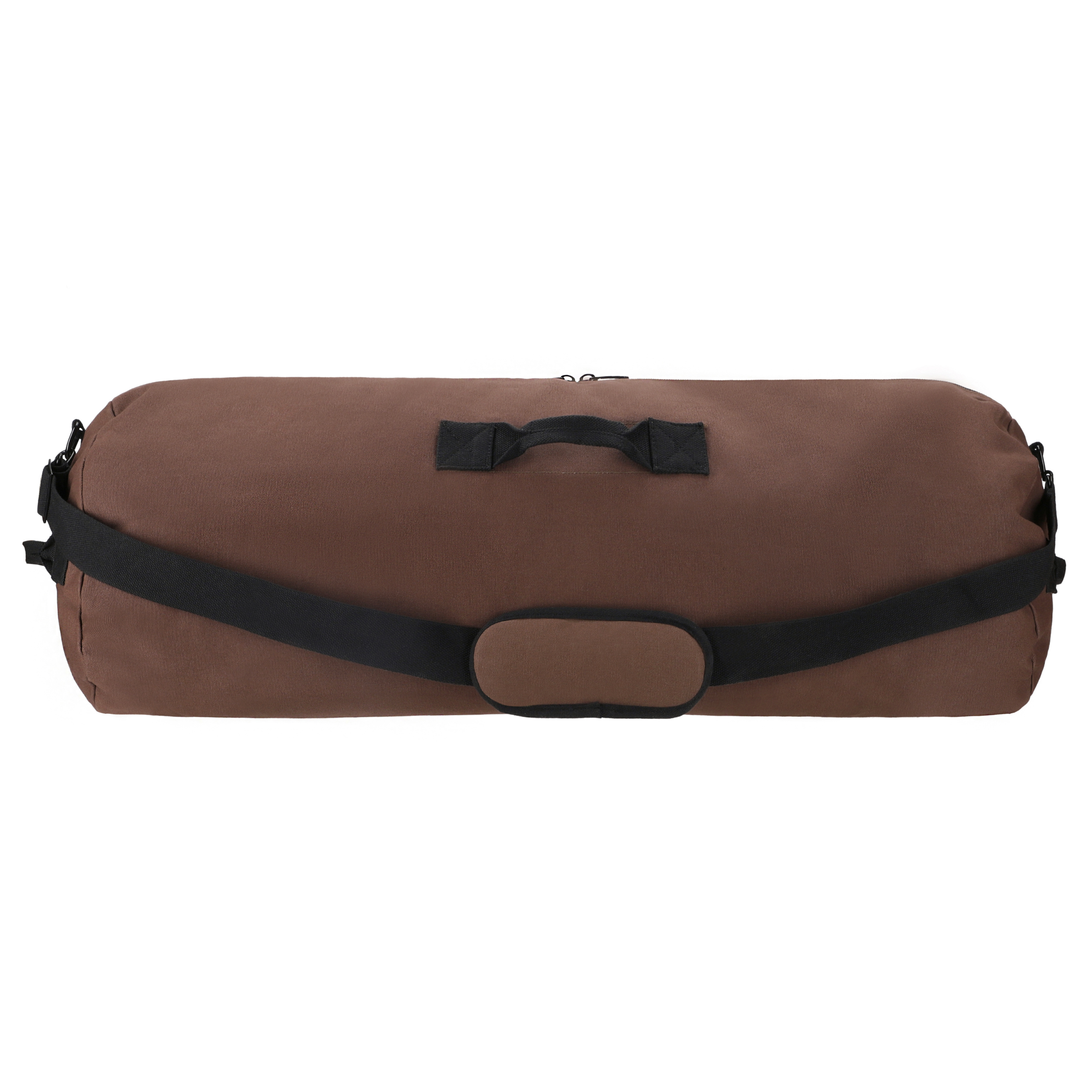 White Duck Outdoors Hoplite Canvas Duffel Bag showing durable beige canvas material, adjustable shoulder strap, and spacious design.