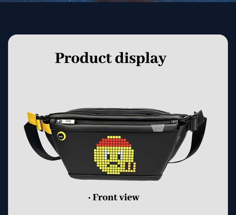 Divoom™ LED Pixel crossbody motorcycle bag by Bean's Moto Booth with colorful pixel display and adjustable strap.