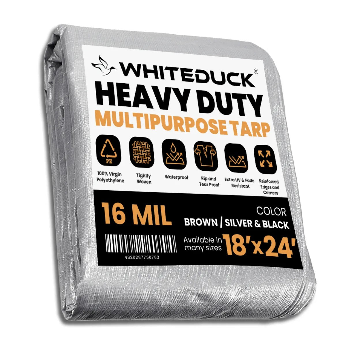 Silver 18x24 foot super heavy duty poly tarp from White Duck Outdoors, 16 mil thick, ideal for outdoor protection and covering.