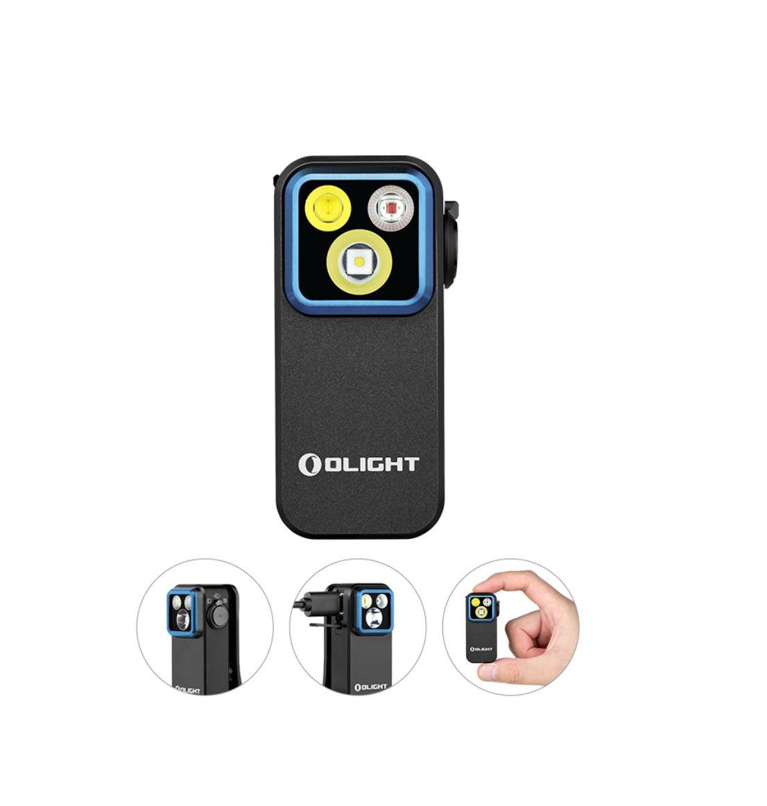 MUCITUP Olight Oclip Pro flashlight with clip, showing flood, spot, and red modes in four color options, compact and versatile.