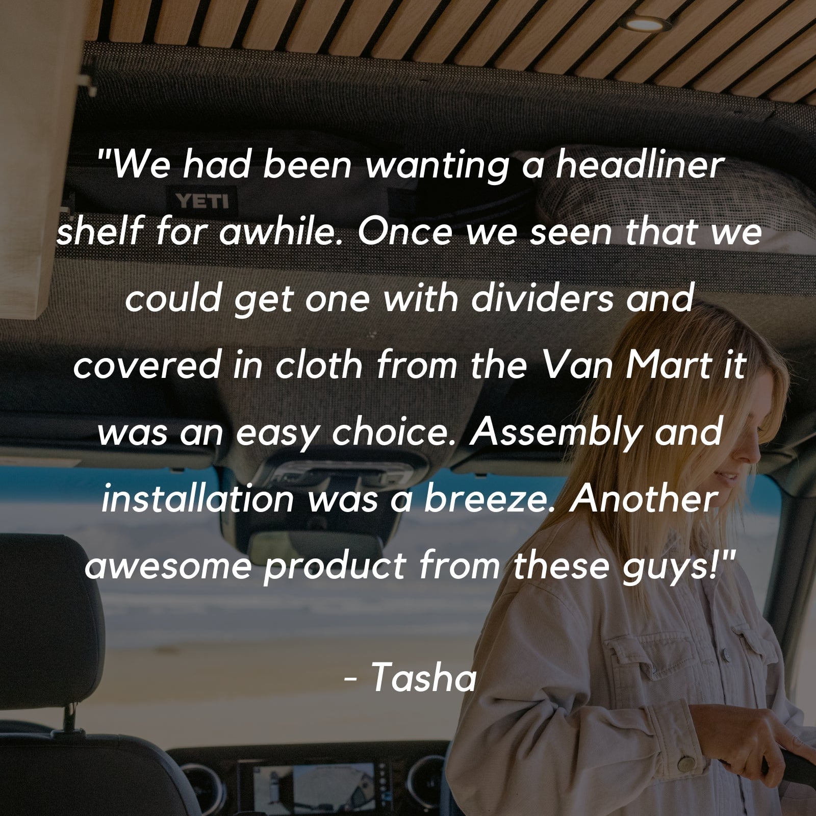 Sprinter headliner shelf from The Van Mart’s VanSpeed DIY Collection, showcasing a sleek design and sturdy construction.