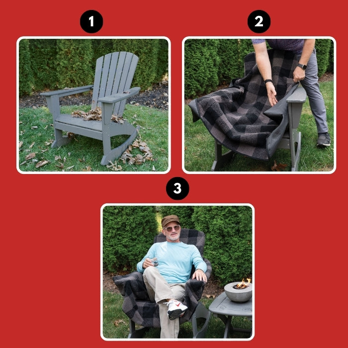 Red plaid City Bonfires Chair Blanket draped over a chair, showcasing cozy, warm fabric for outdoor or indoor use.