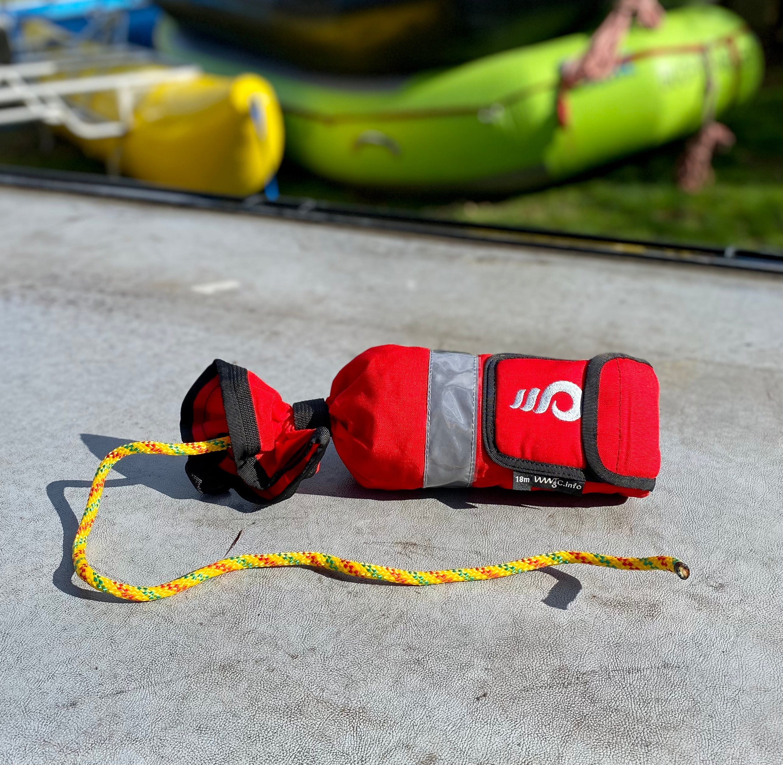 WWTC Classic 18m throw bag with bright orange nylon strap and durable handle for water rescue and safety applications.