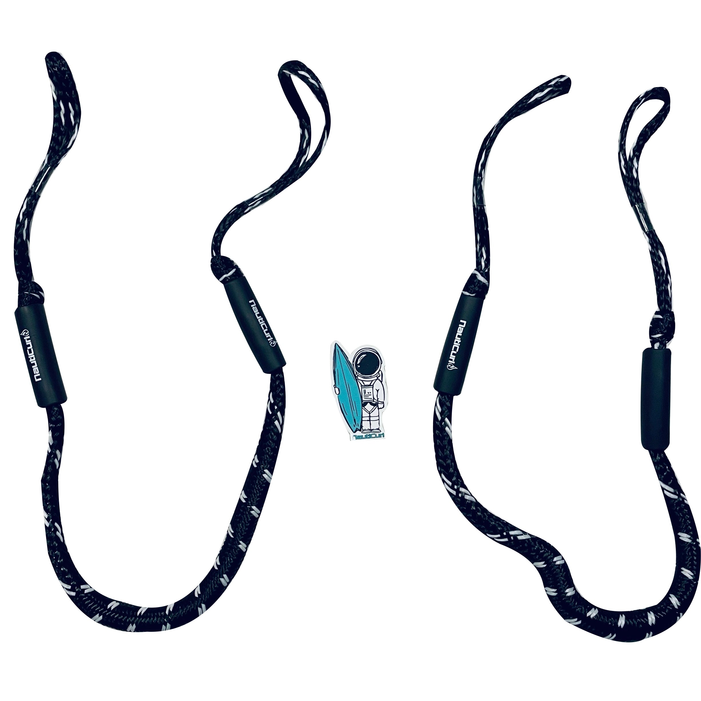 Two NautiCurl LLC shock-absorbing bungee boat ropes with secure connectors, designed for safe towing and marine use.
