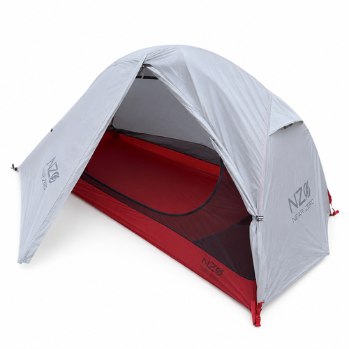 Near Zero Outdoor Gear 1P DynaLite Tent with rain cover set up outdoors, showcasing lightweight camping tent and protective rain gear.