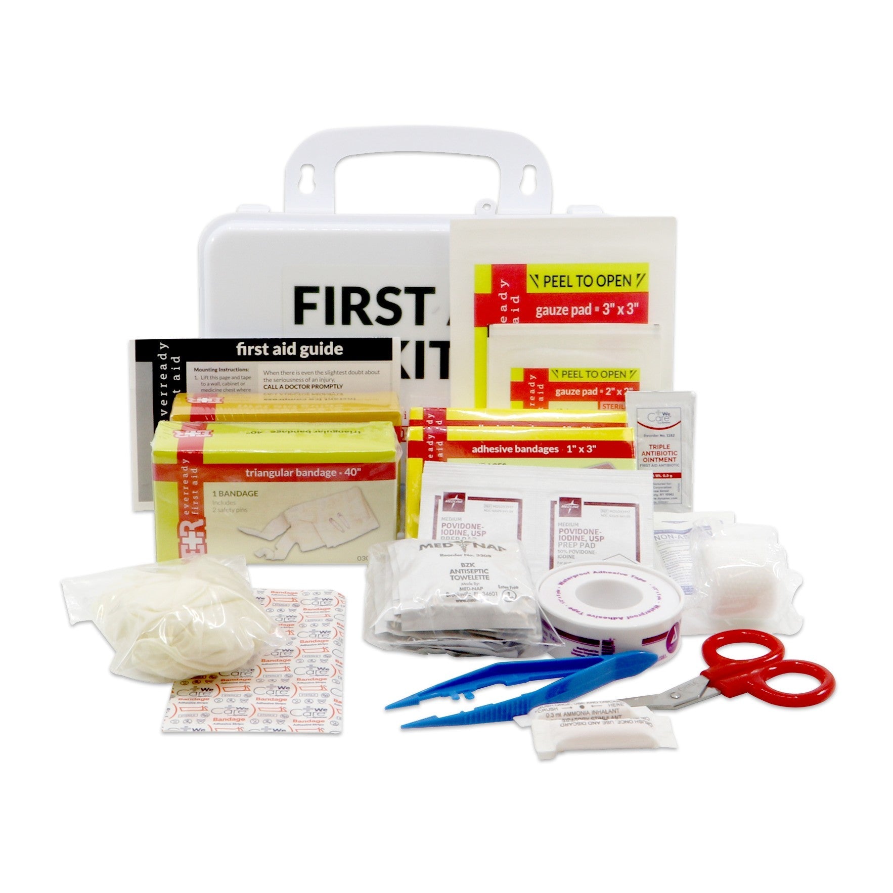 MediTac 10-person first aid kit with plastic case, Type III, ANSI A, OSHA compliant, containing medical supplies for emergencies.