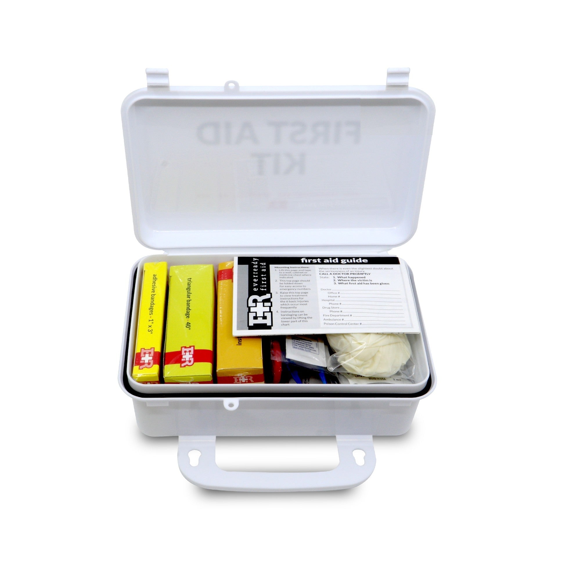 MediTac 10-person first aid kit with plastic case, Type III, ANSI A, OSHA compliant, including bandages and medical supplies.