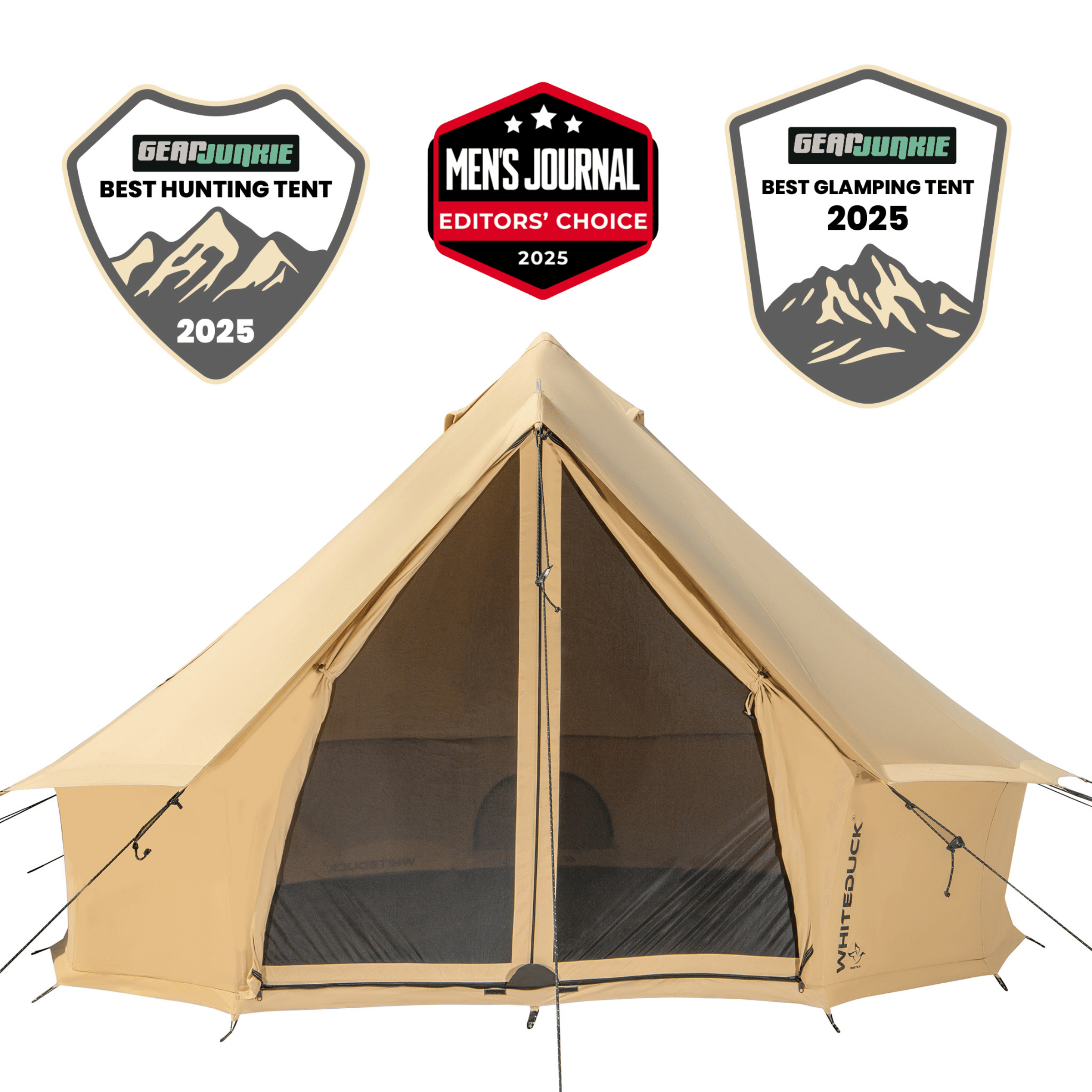 White Duck Outdoors 13-foot Regatta Bell Tent set up outdoors with its canvas fabric and conical shape, showcasing its spacious design.