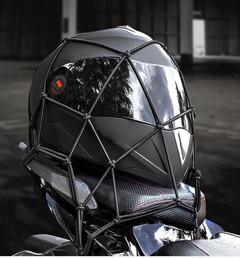 Bean's Moto Booth motorcycle helmet storage net attached inside a motorcycle, designed to secure helmets and tools efficiently.