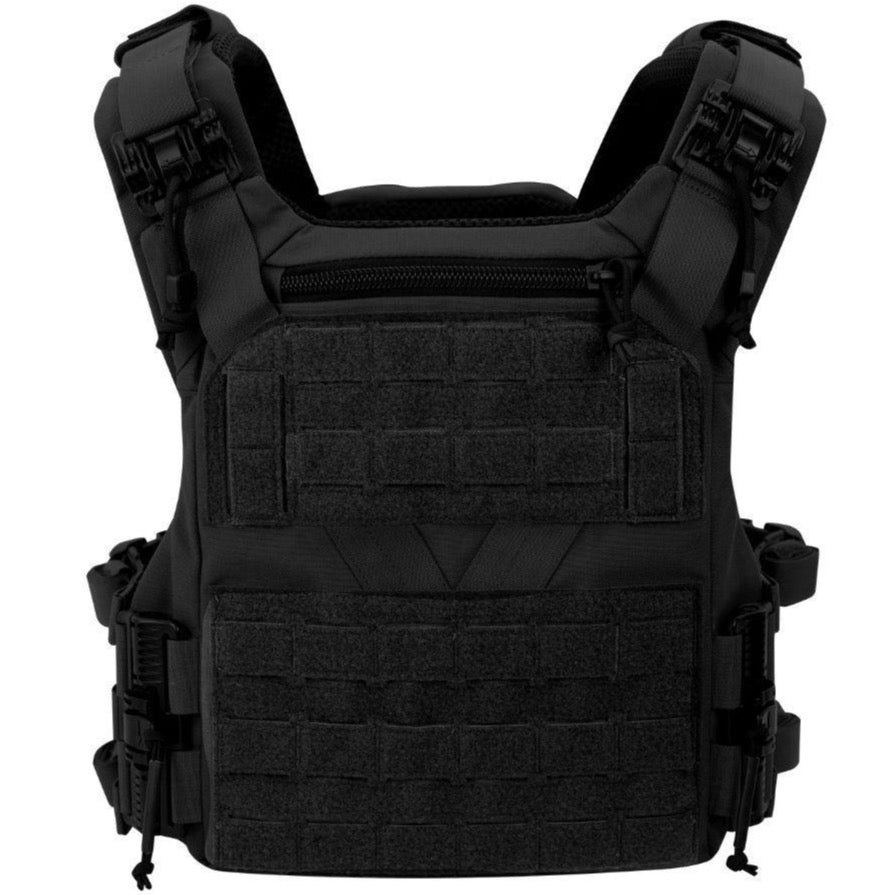 HCC Tactical K19 Plate Carrier (Gen 3) shown in black with adjustable straps and multiple attachment points.