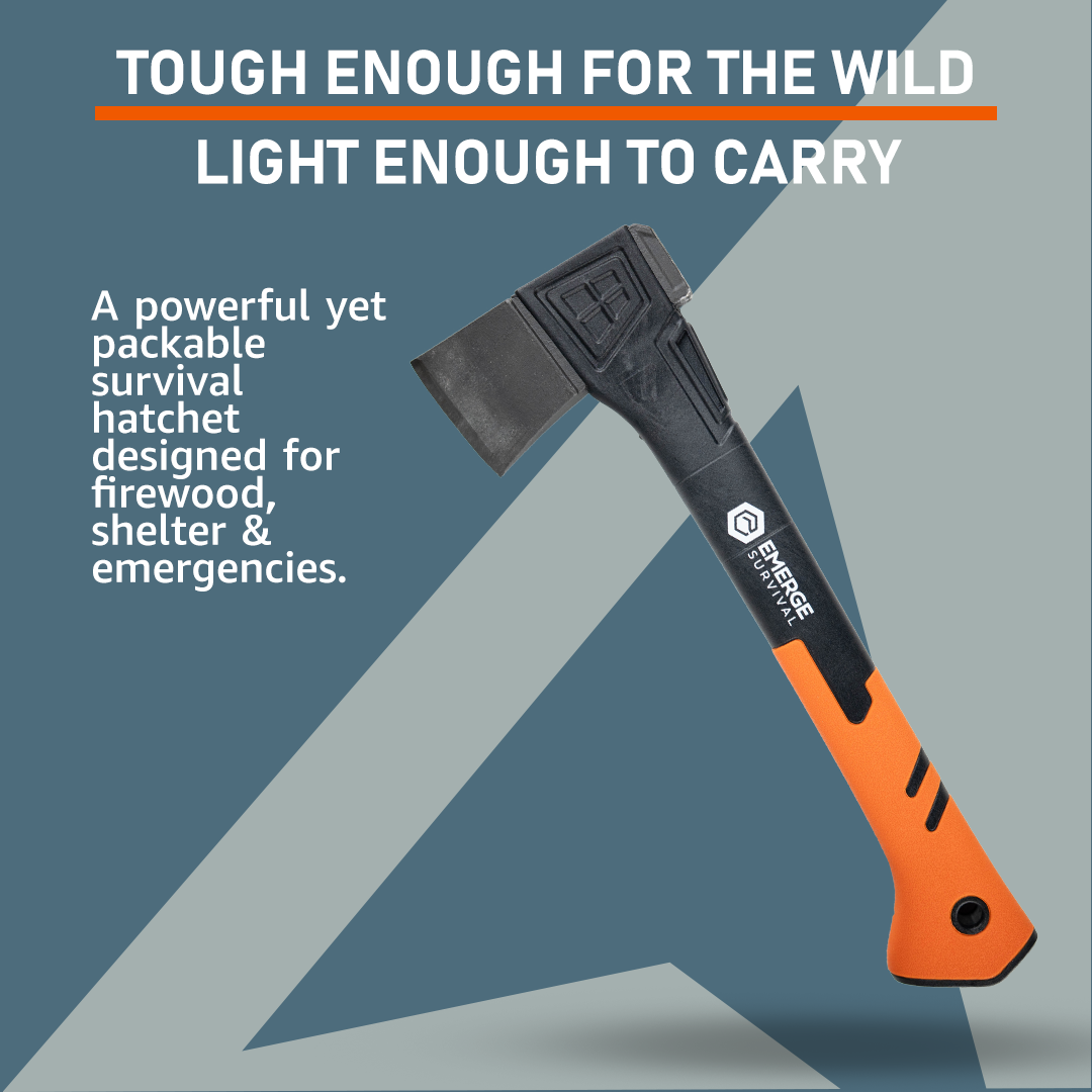 Emerge Survival survival hatchet with a wooden handle and sharp metal blade, ideal for outdoor chopping and camping tasks.