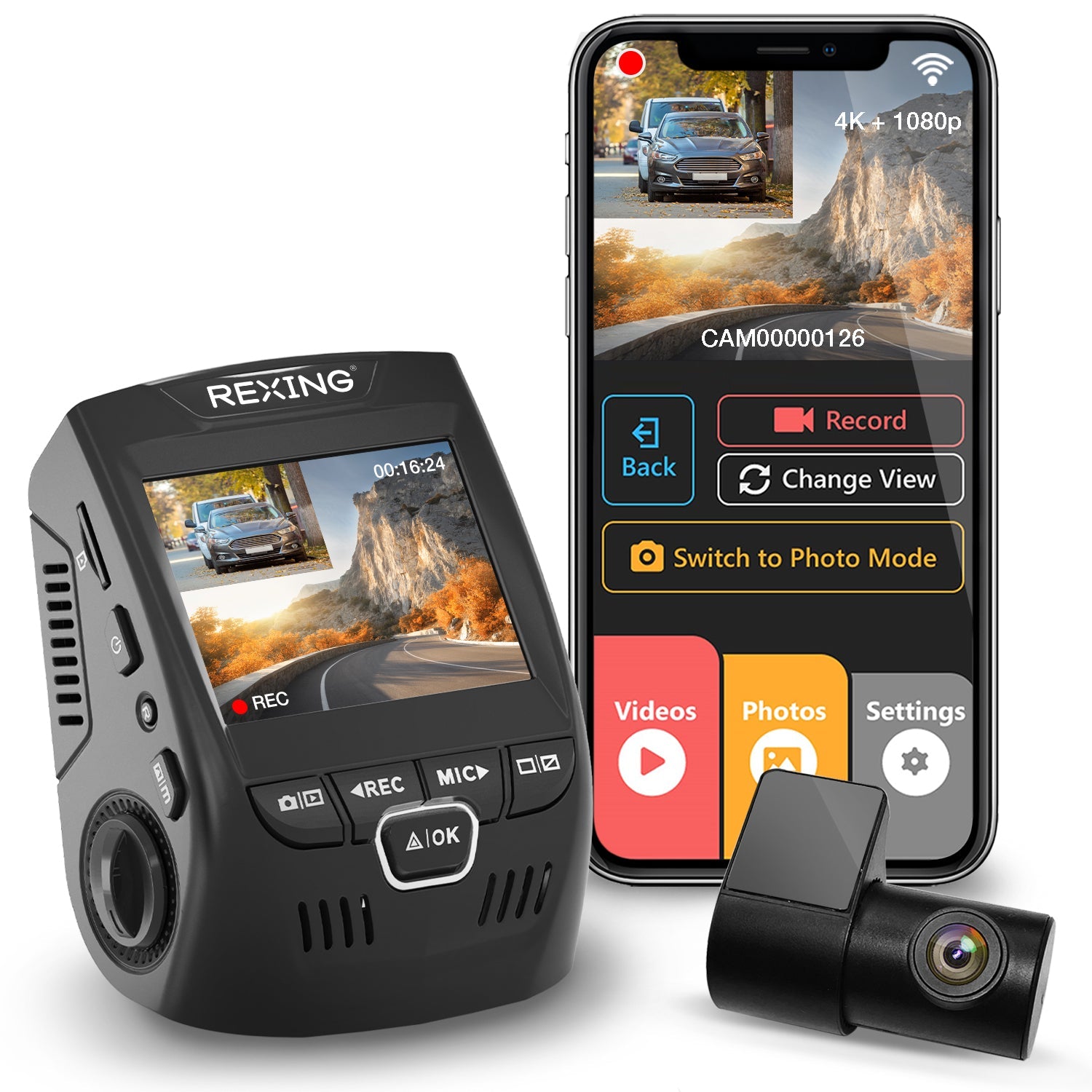 Rexing V1P 4K dual channel dash cam with front and rear cameras, Wi-Fi connectivity, capturing high-resolution footage in a vehicle