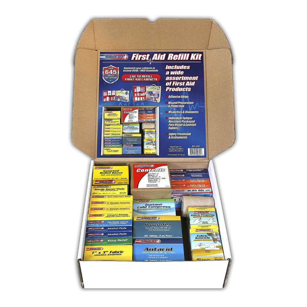 Rapid Care First Aid large refill kit with 645 pieces for 3-shelf first aid kits, including bandages, antiseptics, and medical supplies.