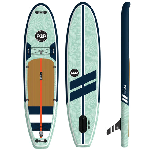 Backcountry Sportsman 11'0" Yacht Hopper paddleboard with mint, teak, and blue design, shown on calm water.
