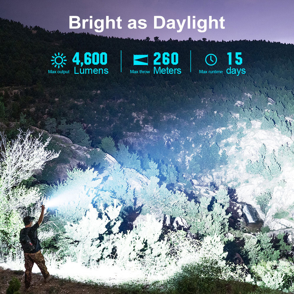 MUCITUP Olight Seeker 4 Pro rechargeable flashlight with 4600 lumens, USB-C charging, and magnetic charging port, shown turned on.
