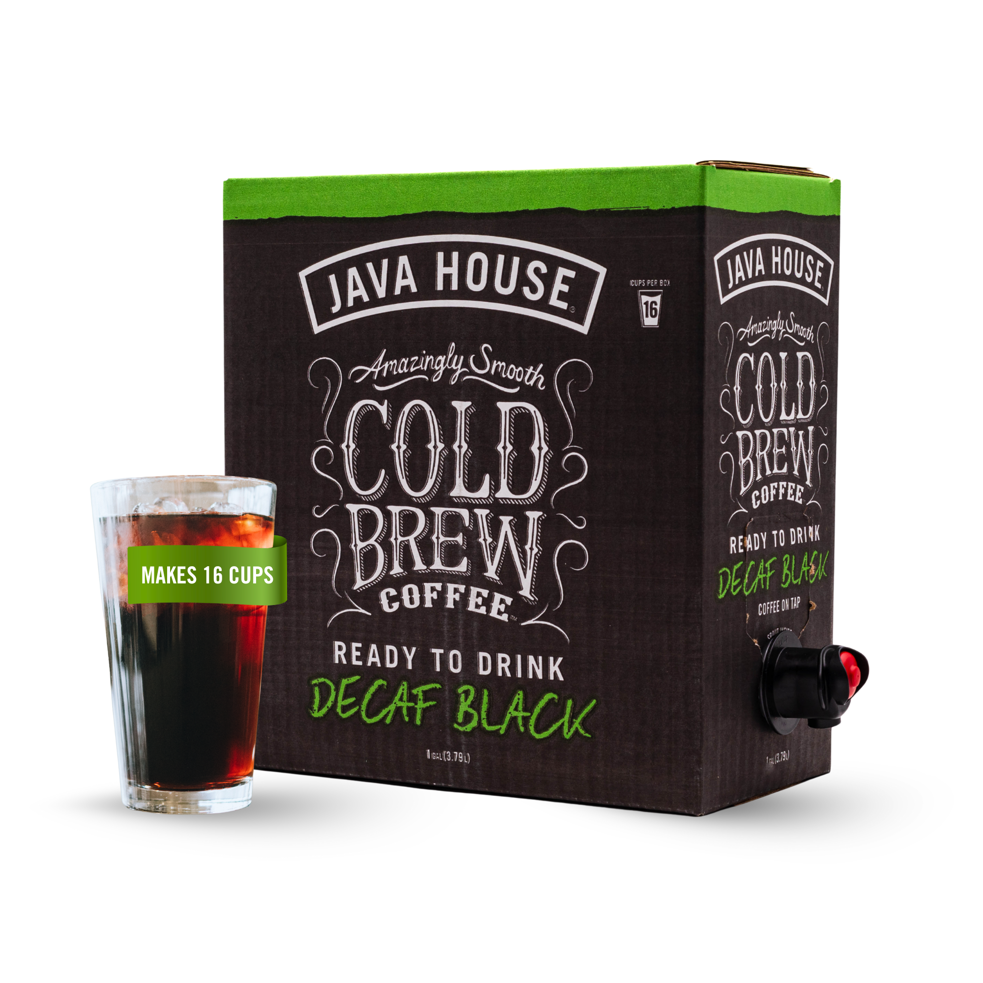 Java House Cold Brew On Tap - Decaf served in a sleek dispenser with a dark, rich coffee color.